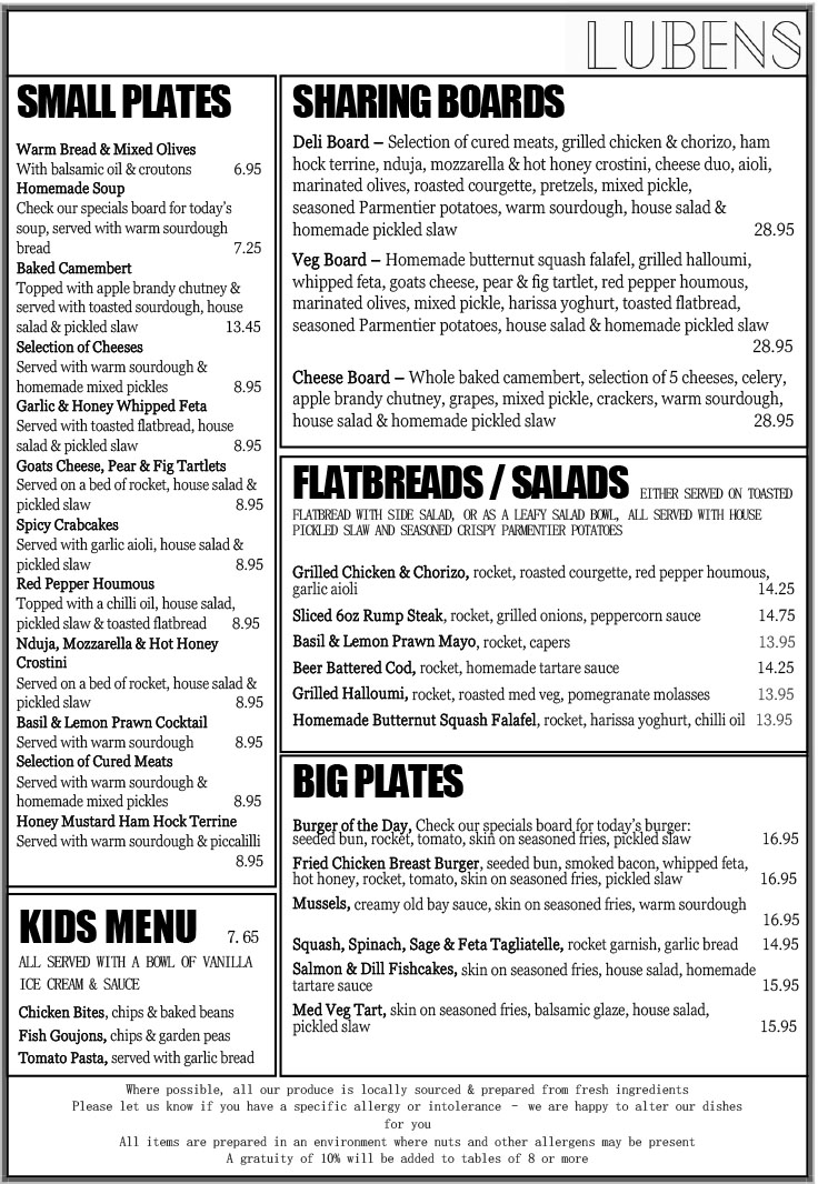Lubens Food menu Autumn September 2026