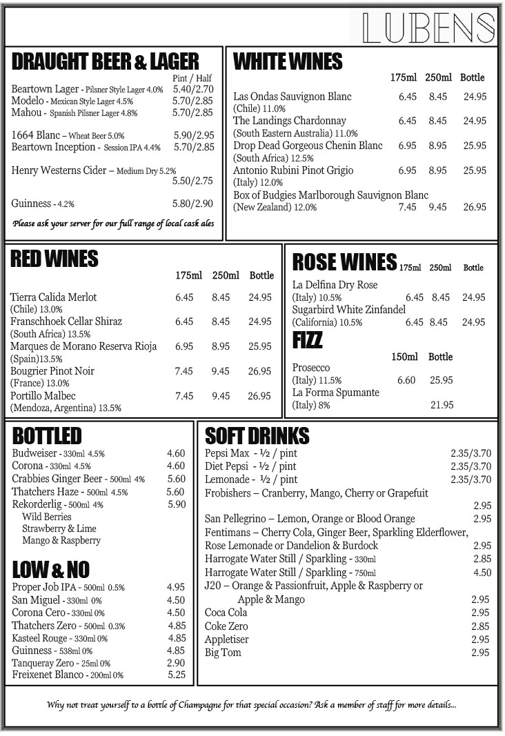 Lubens Autumn Drinks Menu September 2026