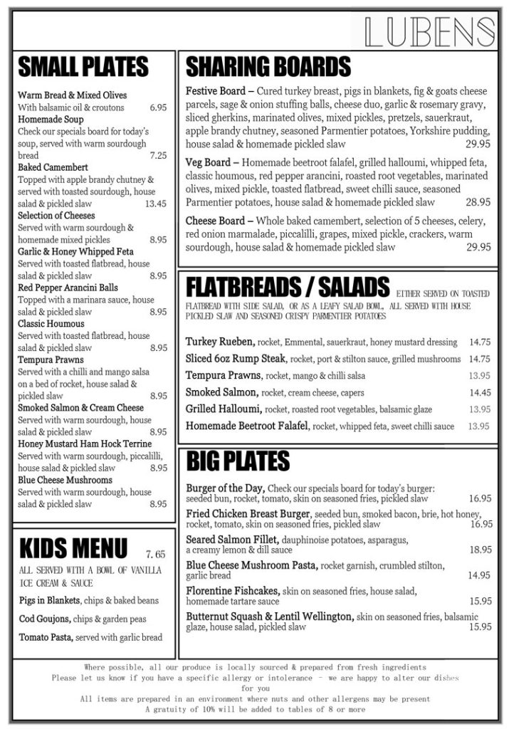 Lubens' Festive Food Menu 2026, available from November 25th